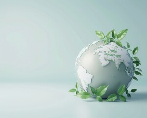 A simple 3D rendering of a globe with green leaves growing around it, symbolizing global environmental efforts