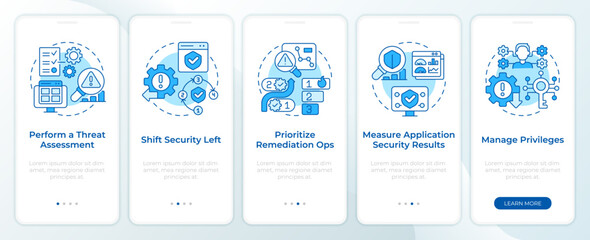 Types of security practices blue onboarding mobile app screen. Walkthrough 5 steps editable graphic instructions with linear concepts. UI, UX, GUI template. Montserrat SemiBold, Regular fonts used