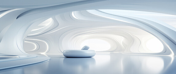 Futuristic Room, White future Interior with Curved Structures Background Banner