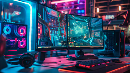 Immerse yourself in a thrilling online gaming tournament with a high-tech gaming setup. Watch the fantasy RPG strategy game unfold on a large screen in a dimly lit room adorned with neon lights.