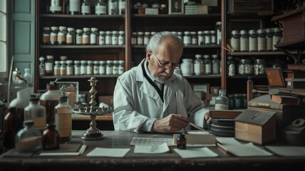 An elderly man in a lab coat carefully examines documents in an antique pharmacy filled with glass jars and shelves.