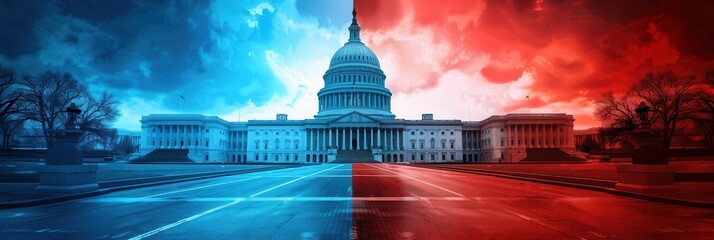US Capitol split in half, blue and red colors.