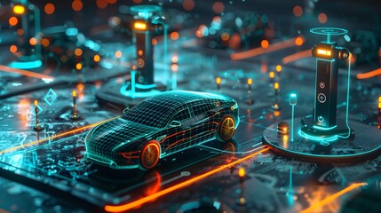 Futuristic Electric Car Charging Station with Wireframe Vehicle