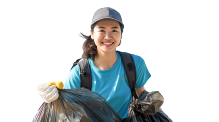 A young asian woman volunteer promoting sustainability and eco-conscious practices. 
