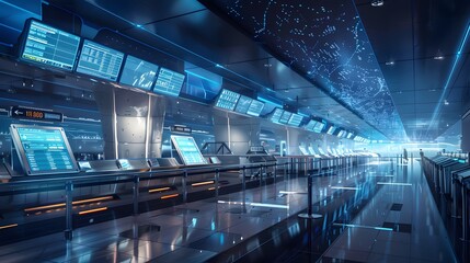 Futuristic Airport Terminal with Digital Screens and Starry Ceiling