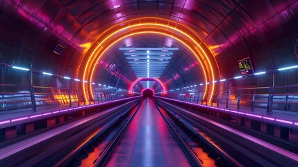 Fototapeta premium Neon Lights Tunnel in Underground Train Station