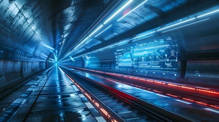 Fototapeta premium Futuristic Underground Tunnel with Neon Lights and Digital Interface