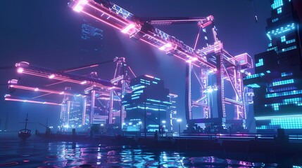 Futuristic Neon Cityscape with Cranes and Industrial Architecture