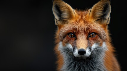 Obraz premium closeup of the face and head of an orange fox against black background, its eyes glowing with intense focus as it gazes forward