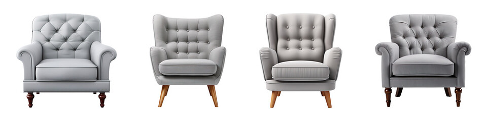 Fototapeta premium Collection set of light grey armchairs isolated on transparent background