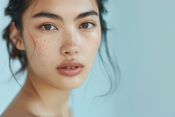 The photo captures a beautiful woman in a closeup with fresh natural beauty and freckles, embodying an ethereal and exquisite aesthetic. She radiates glamour and grace with her elegant features