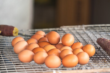 Group of grilled chicken eggs, are heating on the charcoal oven. Local street food object, close-up and selective focus.
