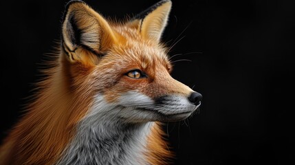Obraz premium closeup of the face and head of an orange fox against black background, its eyes glowing with intense focus as it gazes forward