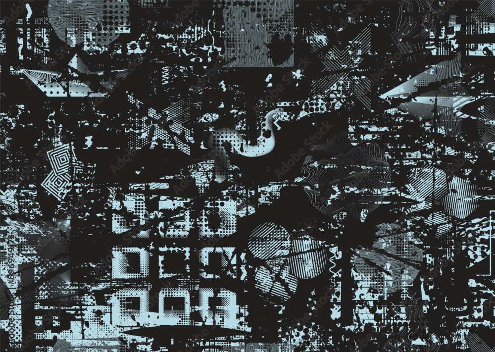 Poster glitch distorted grungy abstract forms . cyber punk seamless pattern texture. halftone dots .futuris