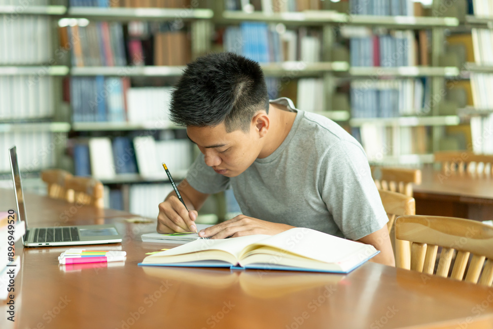 Wall mural male asian student studying and reading book in library