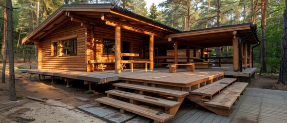 Fototapeta premium Crafting a Log Cabin: Construction Process with Natural Materials