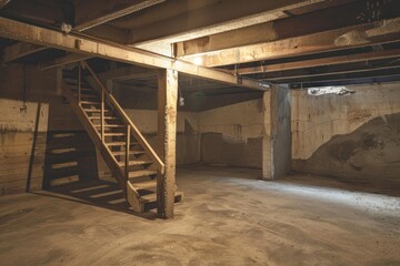 Empty, shadowy basement space with an old wooden staircase