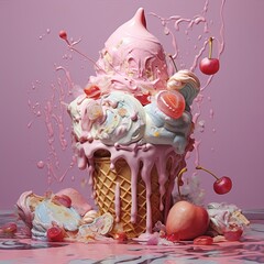 A playful image of a soft-serve ice cream cone with pastel pink frosting, rainbow sprinkles, and a cherry on a pink background, ideal for marketing and branding projects.
