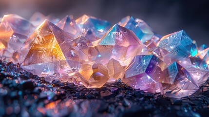 surface texture of an iridescent geometric pattern, with sharp edges and reflections that create a kaleidoscope effect