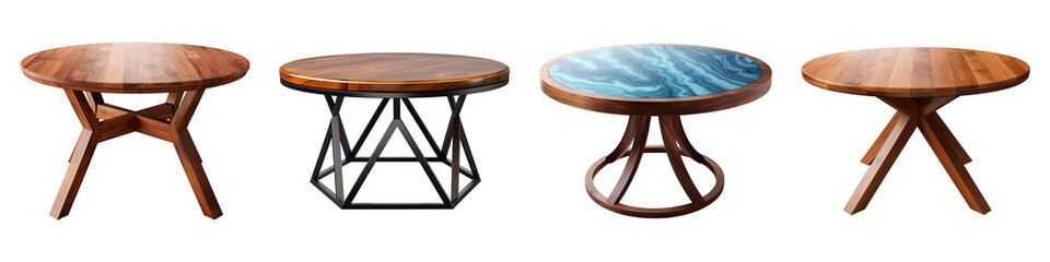 Collection set of modern round tables isolated on transparent background