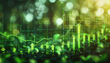 Obraz premium The image shows a graph with arrows pointing up and down set against a green background