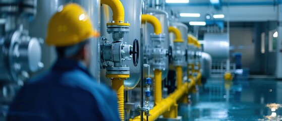 Dedicated Worker in Uniform Maintaining Water Treatment Facility Cleanliness