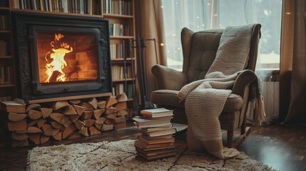 Cozy fireplace and armchair in a rustic cabin home