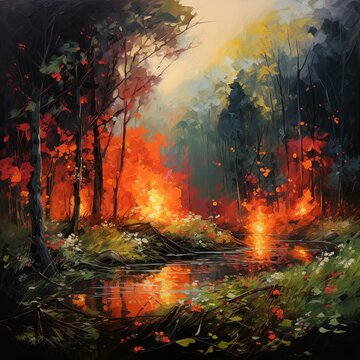River of fire flows through ancient trees, reflecting flames and creating a mesmerizing display of nature s elements. Fiery glow illuminates the forest, casting a magical spell.