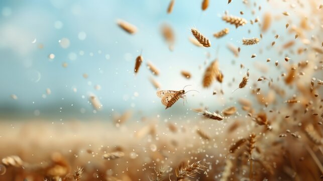 A swarm of locusts devouring crops in a field.