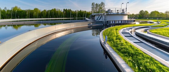 Modern Water Treatment Facility with Large-Scale Operations under Clear Sky Panorama