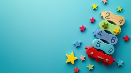 Wooden Toys on Blue Background