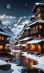 Obraz premium Winter Village in the Mountains at Night.