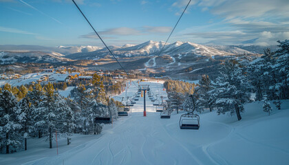Obraz premium A ski lift ascending a snowcovered slope with mountains in the background under a cloudy sky