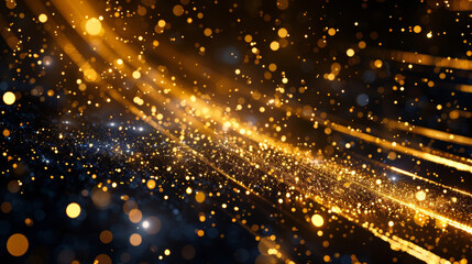 Naklejka premium Gold light streaks illuminate a dark background, creating a dazzling display with sparkles. Perfect for text, this luxurious design evokes elegance and exclusivity.