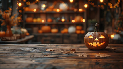 Empty wooden table with Halloween background for product presentation, copy space. Halloween decoration and ambience.