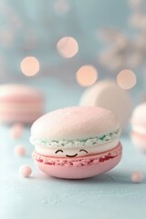 Obraz premium A sleek 3D model of a macaron with a cute face, set on a plain background, with soft pastel colors