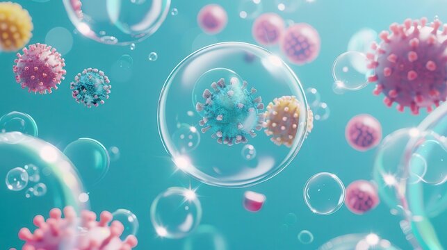 Soap bubbles revealing hidden microbes, pop art, bright colors, surreal, combining cleanliness with hidden dangers