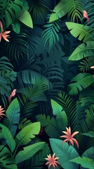 Fototapeta premium dense jungle reveals exotic animals hidden among the trees, using vibrant colors and minimalist shapes to capture the rich biodiversity and lush environment.
