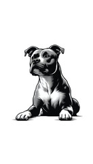 アメリカのアメリカン・スタッフォードシャー・テリアのモノトーン画像。力強く忠実で、家庭犬としても優れる。