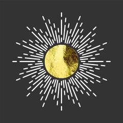 Vintage sunburst, sunset beams. Gold foil, shiny handmade circles. Golden glittering texture, pattern. Hand drawn bursting sun, light rays. Logotype or lettering, retro style. Vector illustration