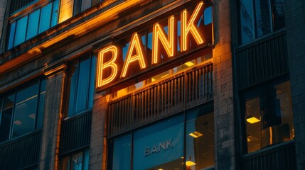 Obraz premium A bank building with a neon sign that says 