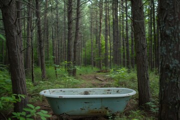 Old. Weathered and reclaimed vintage bathtub abandoned in the dense. Tranquil and serene pine forest surrounded by greenery and overgrown foliage