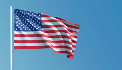 Fototapeta premium In the blue sky, the wind is causing an American flag to wave. Its a symbol of patriotism