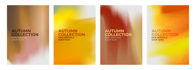 Autumn Collection. New Arrivals. Promotional flyers set. Fall season abstract blurred color backgrounds for business, seasonal shopping promotion and advertising. Vector illustration.