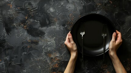 World Hunger day. Empty plate in hands on a dark stone background. Top view. Horizontal banner. Free space for text. Promoting Global Food Security, Fighting Hunger, food availability