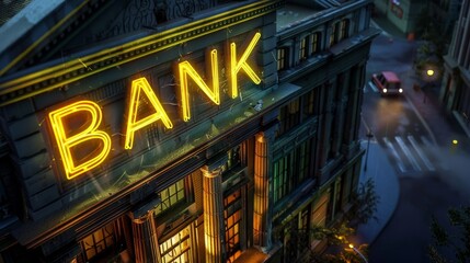 Obraz premium A bank building with a neon sign that says 