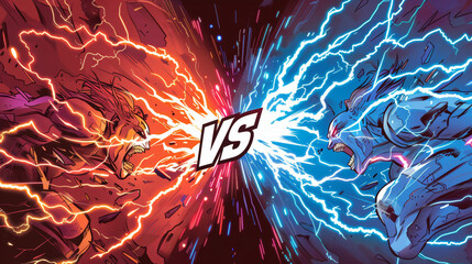 Lightning flashes and comic-style "VS" text clash on a battle background split between red and blue.