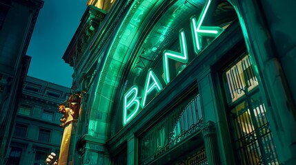 Obraz premium A bank building with a neon sign that says 