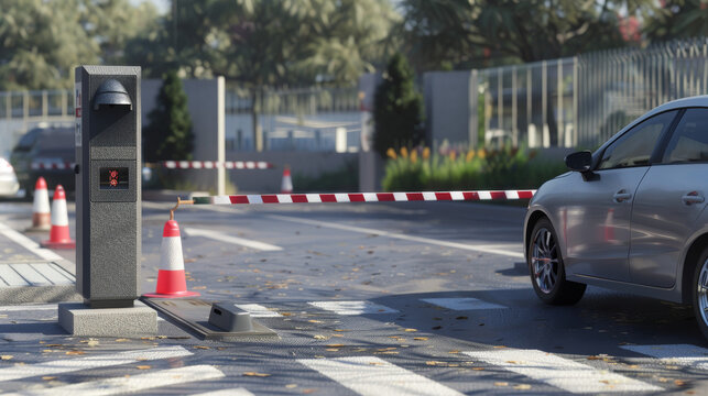LPR parking lot where cars can enter and leave with a camera system. Car at parking entrance with a boom barrier.