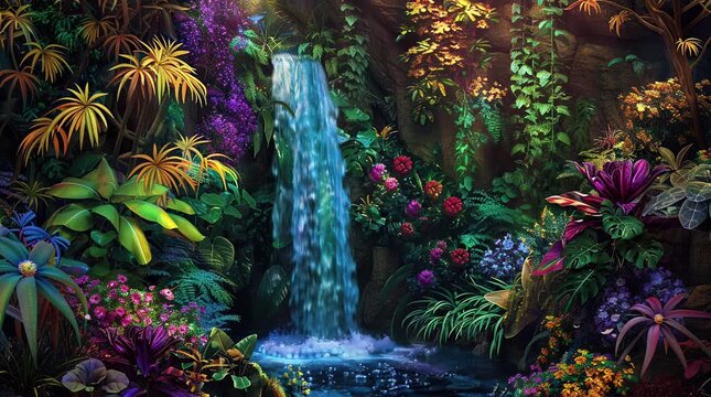 Fantasy tall waterfall surrounded by vibrant, colorful leaves, creating a magical and enchanting scene with rich autumn colors and c Seamless looping 4k time-lapse virtual video animation Generated AI